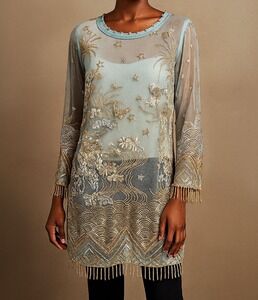Anum‎ Jung Blue Embroidered Beaded Kurta Unlined Tunic Blouse M